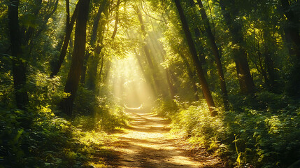 A path through a lush forest with sunlight streaming through the trees.