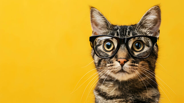 Closeup of a tabby cat wearing glasses looking at the camera with a yellow background.