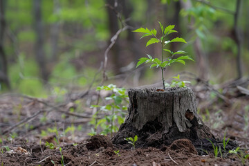 A small plant is growing out of a tree stump in a forest,