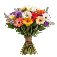 Obraz premium A bouquet of colorful gerbera daisies and purple flowers tied together with twine.