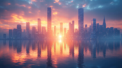 Fototapeta premium Silhouetted city skyline at sunrise with a colorful sky reflection on the water.