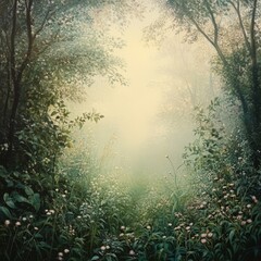 Fototapeta premium Tranquil Forest Pathway with Ethereal Mist and Floral Surroundings
