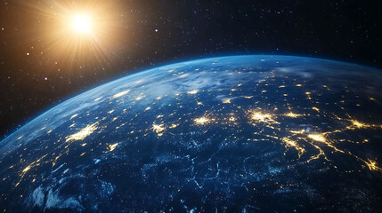 Obraz premium A stunning view of Earth from space with city lights illuminating the planet.