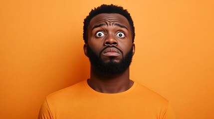 Obraz premium A surprised man with wide eyes against an orange background.