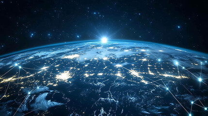 Obraz premium A stunning view of the Earth from space at night with a glowing light in the horizon and white lines connecting cities.