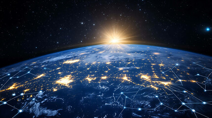 Obraz premium A view of Earth from space with a sunrise in the background and connecting lines showing global network.
