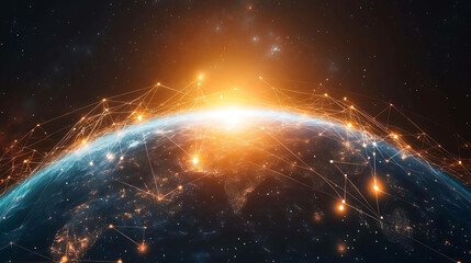 Obraz premium A glowing digital representation of Earth with lines connecting continents to represent global networking.
