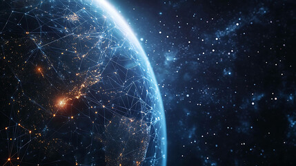 Obraz premium A close-up of the Earth, with glowing lines connecting continents, symbolizing global communication.