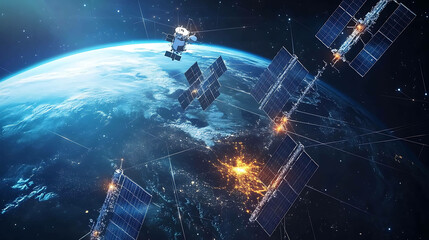 Obraz premium Satellites in orbit around Earth, connected by lines of data.