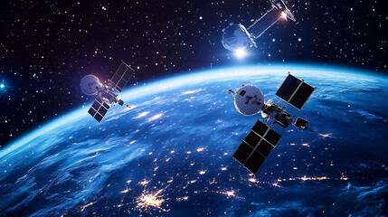 Satellites orbiting Earth in outer space.