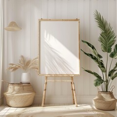 A white frame on a wall with plants. Modern interior design. 