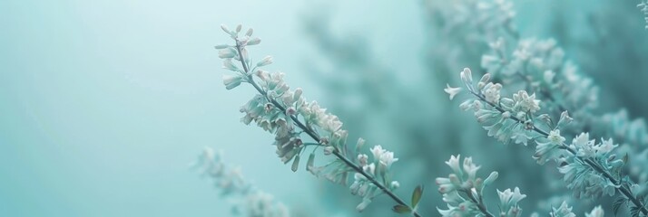 Delicate Spring Flowers on Soft Blue Background, Tranquil Nature Scene, Gentle Blooming Beauty