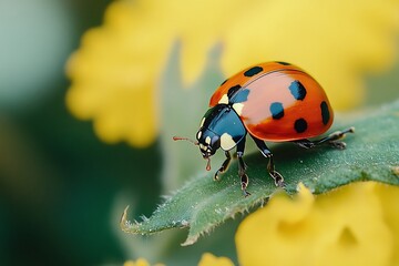 Fototapeta premium Close up of a ladybug on a green leaf with yellow flowers in the background