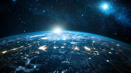 Obraz premium Earth from space with glowing city lights connected by lines, showing global network.