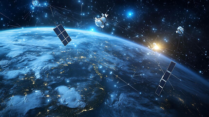 A network of satellites orbiting Earth with glowing lines connecting them.