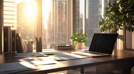 Fototapeta premium Bright Modern Office with City View at Sunrise
