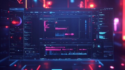 A futuristic interface displaying data analytics and visualizations in a digital environment.