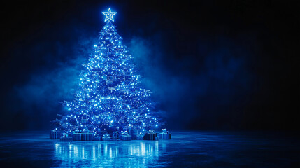 christmas tree featuring artificial intelligence and technology, illuminated with blue neon lights and surrounded by virtual reality gifts