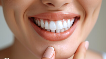 Fototapeta premium Whitening dental clinic, smiling girl, whitening procedure, satisfied woman sitting, professional doctor fixing teeth, dental consultation, dentist showing, healthy teeth, teeth cleaning.