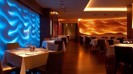 An upscale, modern restaurant interior with a wave-patterned wall.
