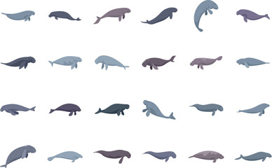 Set of illustrations featuring dugongs in various swimming poses