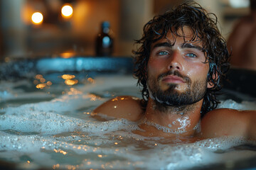 A man enjoying a soothing bath with essential oils and bath salts. Concept of relaxation and personal care.