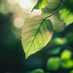 Dewy Leaf with Sunlight Filtering Through Greenery