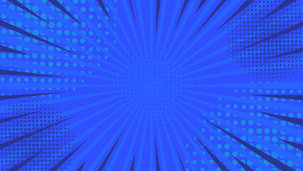 Dynamic blue pop art background with radial lines and halftone dots. Vibrant comic style backdrop for creative projects, posters, and graphic designs. Ideal for energetic and bold visual concepts