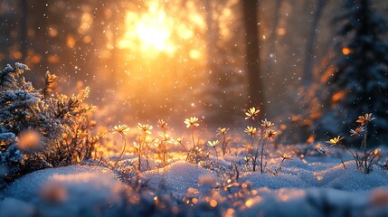 Winter Wonderland: Sunlit Snow and Delicate Flowers