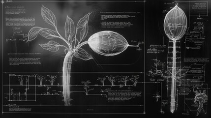 Detailed botanical illustration of a plant specimen with labeled anatomy and growth stages on a black chalkboard background