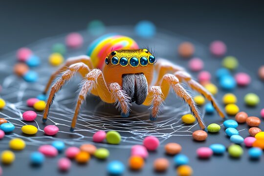 Spoopy spider making a web of candy, with colorful sprinkles scattered around