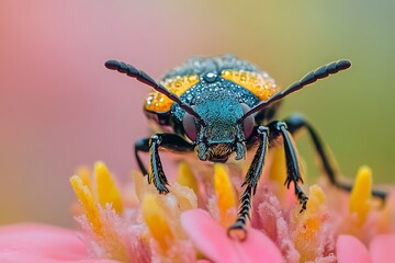 Fototapeta premium Macro shot of a colorful beetle with dew drops on its body