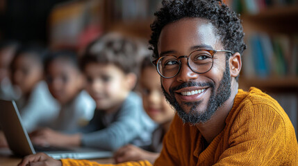 Smiling teacher looking at camera with students in the background.