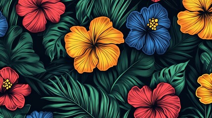 A vibrant tropical floral pattern featuring colorful hibiscus flowers and lush green foliage.
