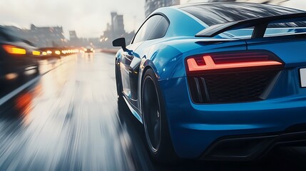 A sleek blue sports car speeding through a rainy urban environment.