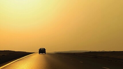 Solitary Journey: Car Silhouette on a Golden Sunset Highway
