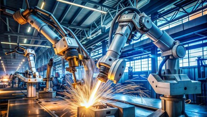 An industrial scene featuring robotic arms engaged in welding, emitting sparks in a modern manufacturing facility.