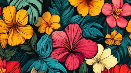 A vibrant, colorful floral pattern featuring tropical flowers and leaves.