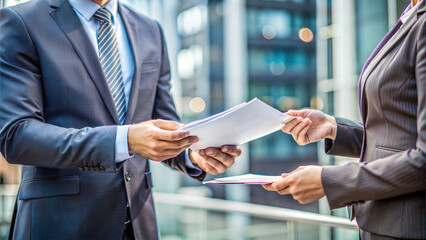 A professional exchange between two individuals in business attire, handing over documents outside a modern urban building.
