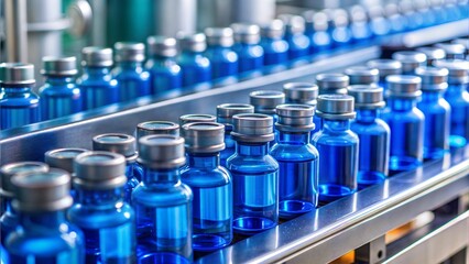 A collection of blue vials on a production line, showcasing a pharmaceutical manufacturing process.