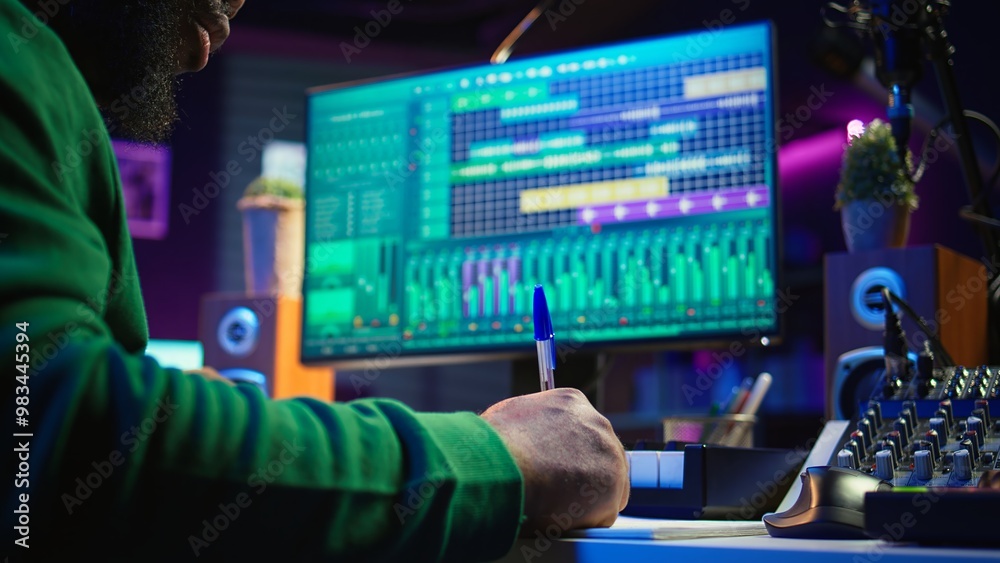 Leinwandbilder in his home studio, songwriter writes down lines and melodic elements to create new tunes. using dig