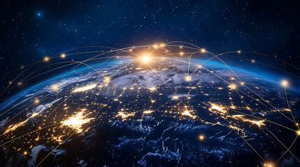 A stunning view of Earth from space, showcasing the intricate network of city lights and glowing lines representing global connections.