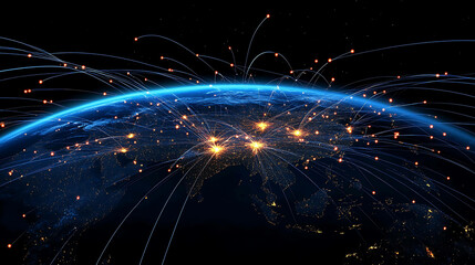 A digital rendering of Earth with a focus on Asia, with glowing blue lines connecting cities around the globe.