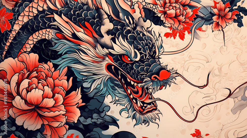 Poster Traditional japanese yakuza tattoo with flowers and dragon, generative ai. Tattoo Art. Illustration