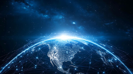 A digital rendering of Earth with glowing lines connecting continents, symbolizing global connection.