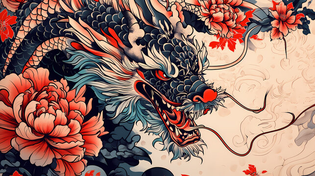 Traditional japanese yakuza tattoo with flowers and dragon, generative ai. Tattoo Art. Illustration