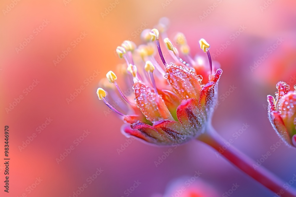 Wall mural Close up of pink flower bud with yellow pollen on a soft pastel background