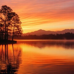 Serene Sunset Over Calm Lake with Reflections