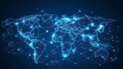 Abstract world map with glowing lines and nodes, representing global connectivity.