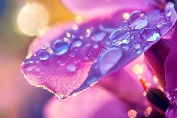 Water droplets on a pink flower petal, macro photography